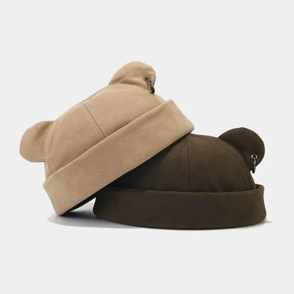 Unisex Khaki Bear Ear Skull Cap Brimless Cap Adjustable Docker Cap Docker Cap